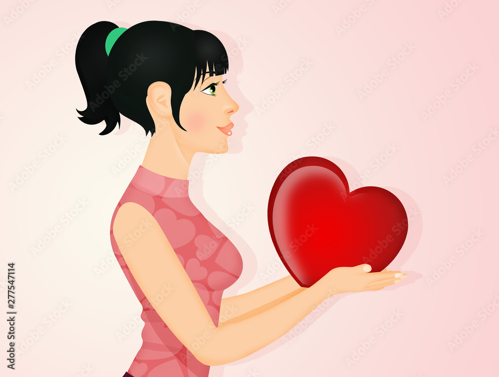 illustration of girl with heart in her hand illustration of girl with heart in her hand