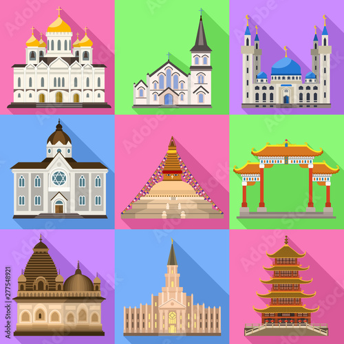 Temple icons set. Flat set of temple vector icons for web design