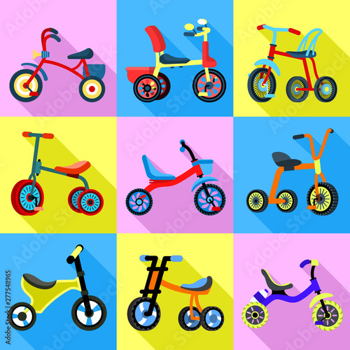 Tricycle icons set. Flat set of tricycle vector icons for web design