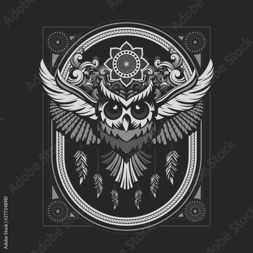 MONOCHROME OWL LINE ART WITH FRAME