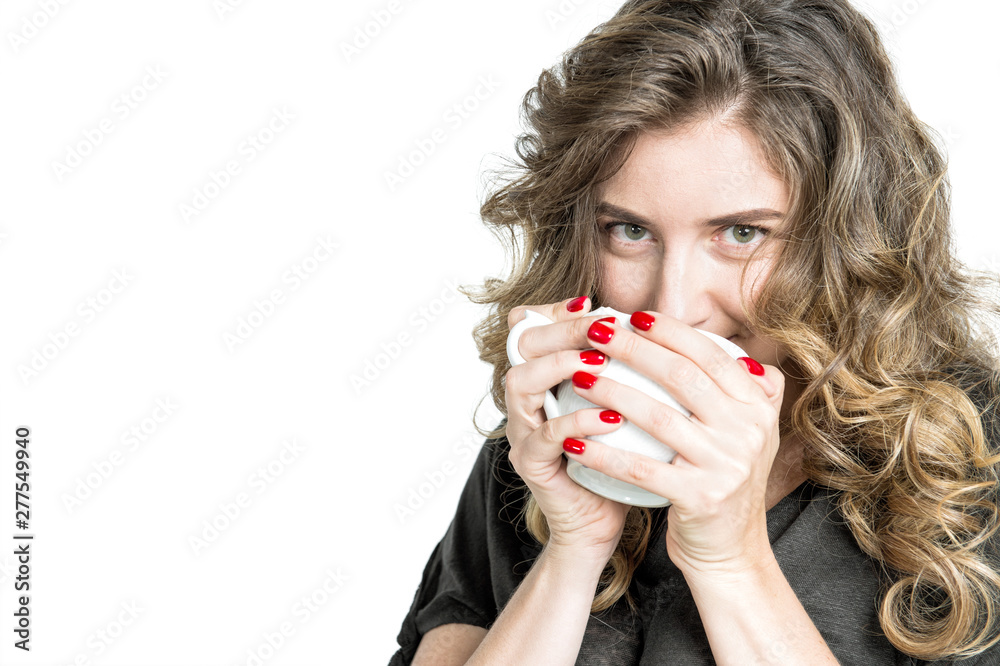 Lovely girl cup of coffee Young woman enjoying hot drink Lovely girl cup of coffee Young woman enjoying hot drink