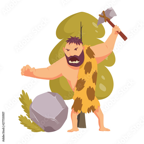 Stone age primitive man with stone hammer. Flat style vector illustration isolated on white background. Angry Caveman Cartoon Character.