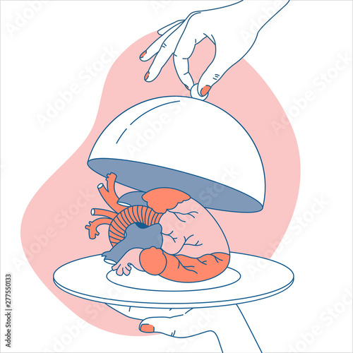 Woman hand holding cloche opening an anatomic heart. Serving tray. Vector illustration