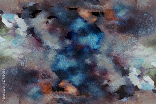 Dark artistic background image. Watercolor brown and blue abstract texture.