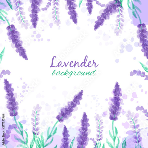 Lavender background with flowers. Watercolor imitation design with paint splashes Vector illustration Provence style. Drawing for greeting cards, invitations