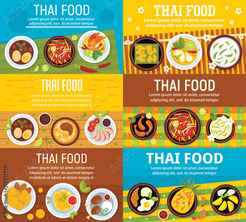 Modern thai food banner set. Flat illustration of modern thai food vector banner set for web design