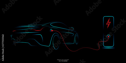 Fotografia Electric car with charging stations by sketch line rear view blue and red colors isolated on black background