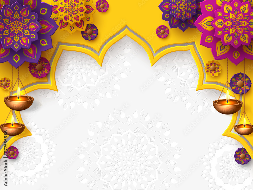Diwali festival of lights holiday design with paper cut style of Indian Rangoli and hanging diya - oil lamp. Place for text. Vector illustration.
