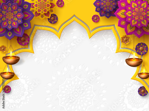 Diwali festival of lights holiday design with paper cut style of Indian Rangoli and hanging diya - oil lamp. Place for text. Vector illustration. photo
