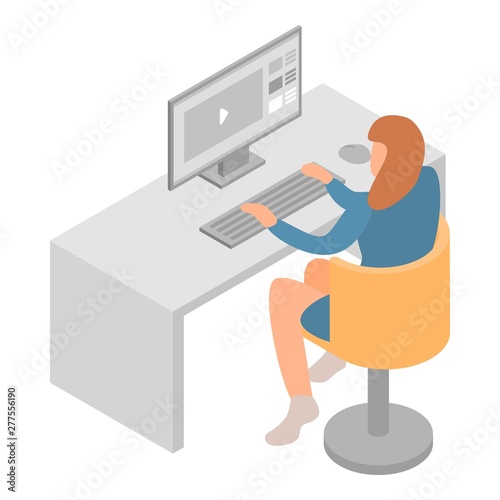Woman work at computer icon. Isometric of woman work at computer vector icon for web design isolated on white background
