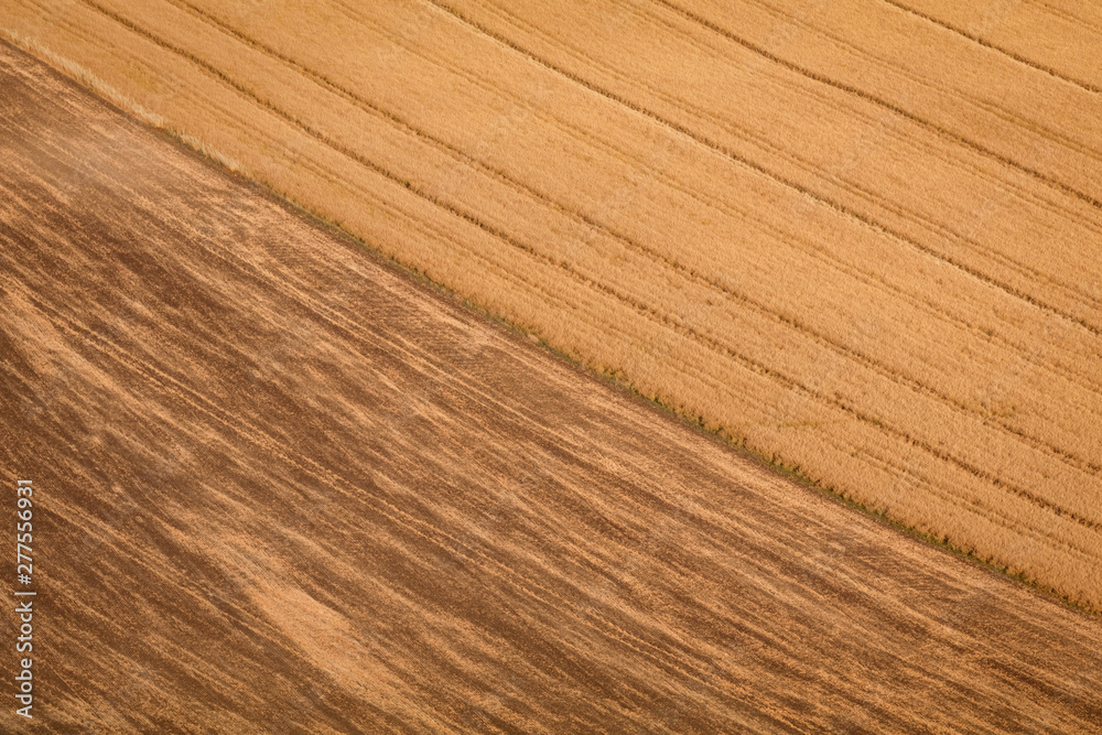 Agricultural summer. Natural Landscape In Brown And Yellow Colors of Ceske stredohori at the sunset, Czechia