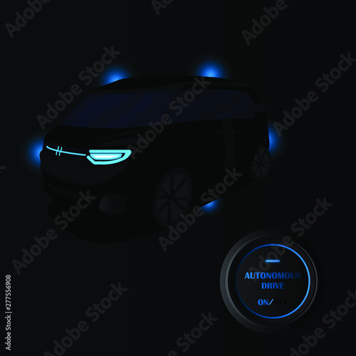 Autonomous Self driving intelligent driverless car vector ,  black button with a glowing blue 