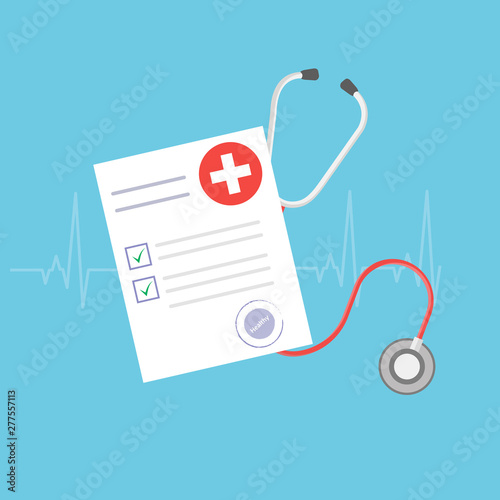 Medical research report or contract vector, flat health or medical record paper or insurance document on work desk top view