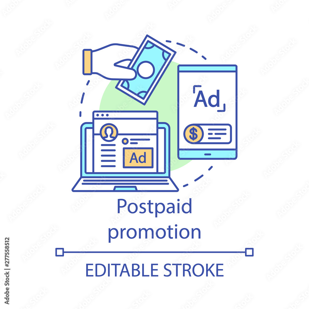 Postpaid promotion concept icon. PPC channel idea thin line illustration. Digital marketing strategy. Product sales. Target audience advertising. Vector isolated outline drawing. Editable stroke Postpaid promotion concept icon. PPC channel idea thin line illustration. Digital marketing strategy. Product sales. Target audience advertising. Vector isolated outline drawing. Editable stroke