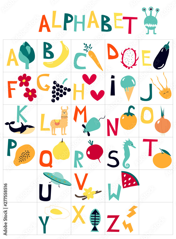 English children's alphabet with cartoon pictures on the theme of fruit, vegetables, animals. Art can be used for books, printing, textbook.