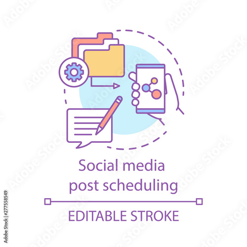 Social media post scheduling concept icon. Social management platform idea thin line illustration. Digital marketing automation tool. Vector isolated outline drawing. Editable stroke