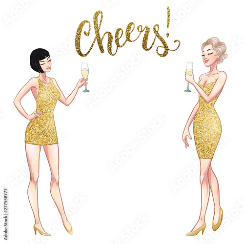Two beautiful young women holding champagne glasses. Twenties retro party pin-up flapper girls in gold glitter dresses. Vector comic illustration