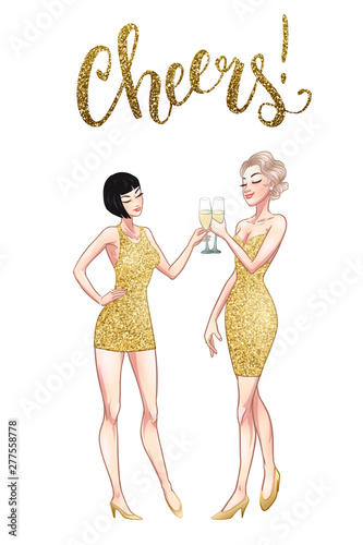 Two beautiful young women holding champagne glasses. Twenties retro party pin-up flapper girls in gold glitter dresses. Vector comic illustration