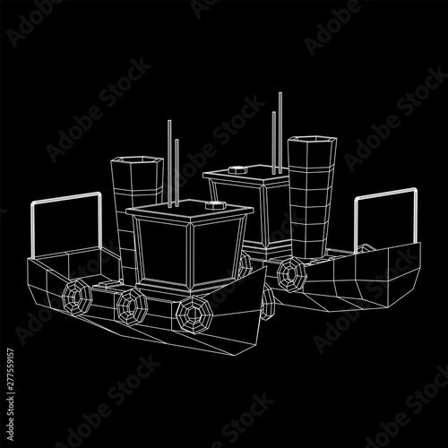 Fishing boat. Commercial fishing trawler for industrial seafood production. Vintage marine ship, sea or ocean transportation concept. Wireframe low poly mesh vector illustration