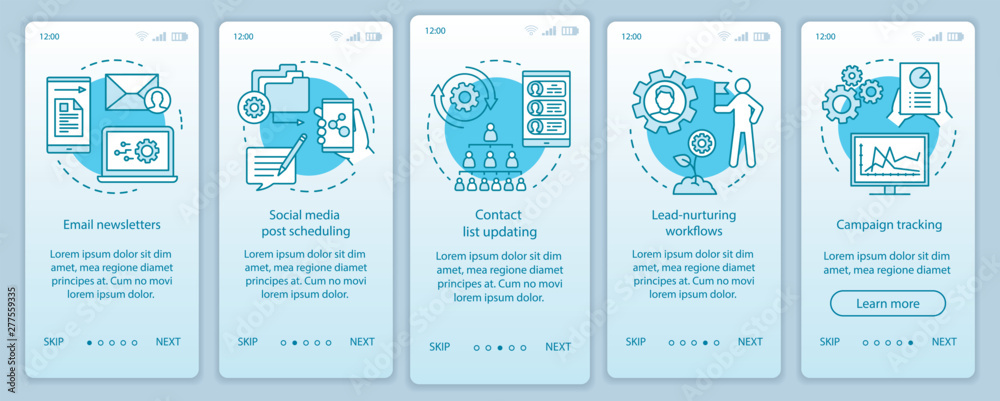 Naklejka premium Marketing automation turquoise onboarding mobile app page screen vector template. Social media, emails walkthrough website steps with linear illustrations. UX, UI, GUI smartphone interface concept