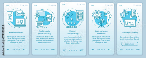 Marketing automation turquoise onboarding mobile app page screen vector template. Social media, emails walkthrough website steps with linear illustrations. UX, UI, GUI smartphone interface concept
