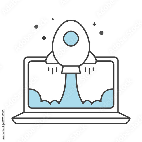 Rocket rise from laptop logo, boost up computer performance concept, minimal and doodle design.
