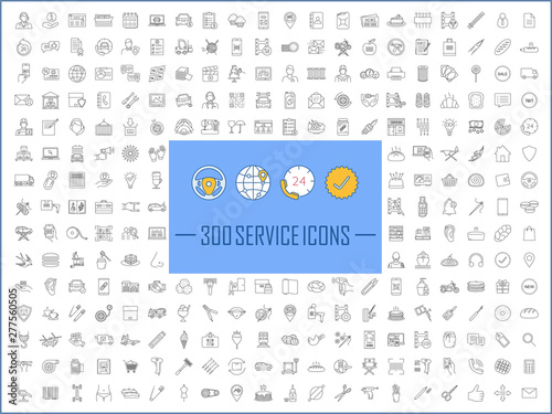 Service linear icons big set. Car service, technical assistance service, atelier. Spa and tattoo salons, barbershop.Thin line contour symbols. Isolated vector outline illustrations. Editable stroke
