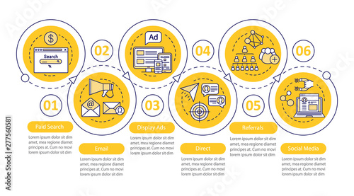 Marketing channels vector infographic template. Business presentation design elements. Data visualization with 6 steps and options. Process timeline chart. Workflow layout with linear icons