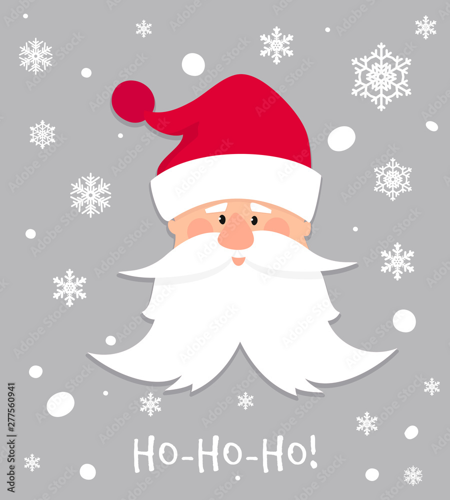Ho-Ho-Ho Christmas banner. Cartoon Santa Claus with white beard and moustache in red hat. Christmas holiday greeting card character. Funny winter Xmas holidays celebration cute vector background