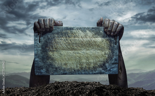 Zombie hand holding old wooden board, Empty space for text or draw photo