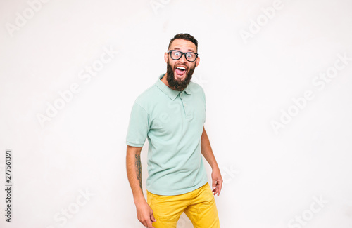 Crazy hipster guy emotions. Collage in magazine style with happy emotions. Colorful summer concept.