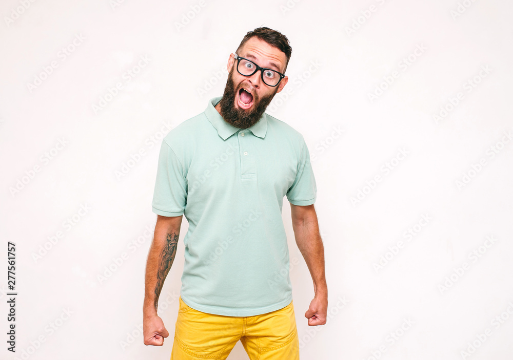 Fototapeta premium Crazy hipster guy emotions. Depressed angry bearded man yelling. Collage in magazine style.