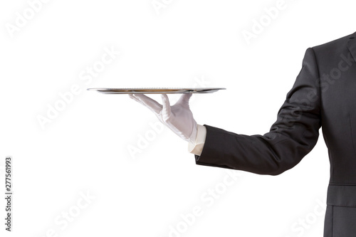 Foto Waiter holding empty silver tray isolated on white background