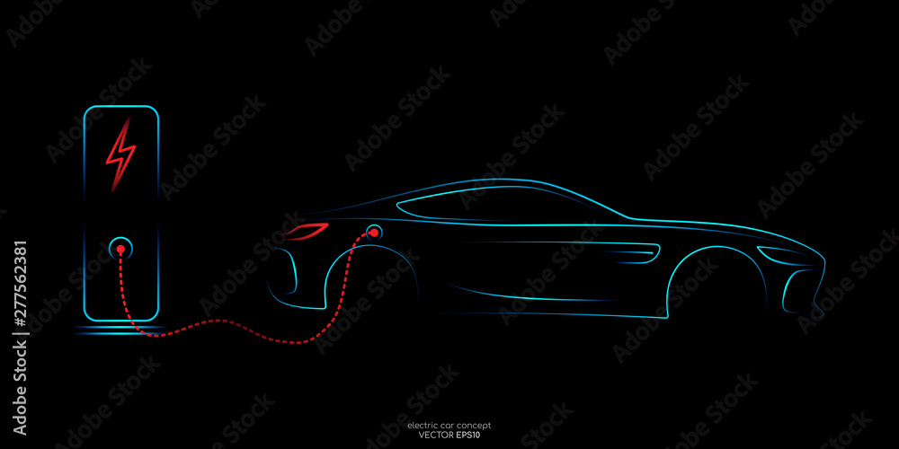 Electric car with charging stations by sketch line side view blue and red colors isolated on black background. Vector illustration.