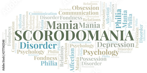 Scorodomania word cloud. Type of mania, made with text only.