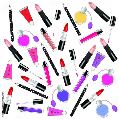 Vector illustration. Colorful, beautiful pattern with cosmetics, such as lip stick, lip pencil, lip gloss, perfumes. White background. 