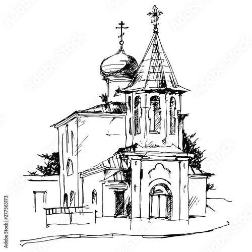 Ancient Russian orthodox church in Pskov. Hand drawn linear ink sketch. Vintage style.