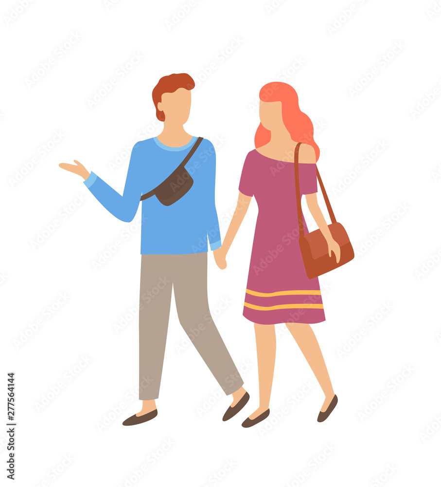Happy couple man and woman walking together holding hands isolated cartoon characters. Vector male and female with bag or sack, people on walk flat style
