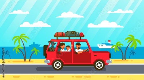 Happy family rides by car with a dog along coats road, past palm trees and ships. Vector illustration in flat style. © Agor2012