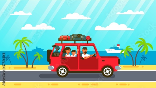 Happy family rides by car with a dog along coats road, past palm trees and ships. Vector illustration in flat style.