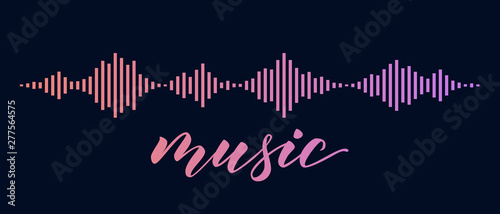 Pink and violet sound waves isolated on black background. Vector Illustration