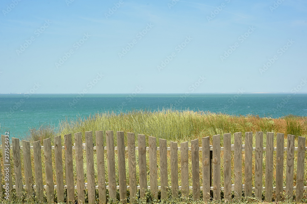 Wooden fence, tall grass, beach and sea view. Simple beauty
