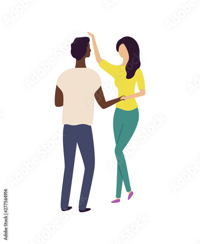 Dancers moving in pair, man and woman holding hands and dancing, back and portrait view of girl and boy, energetic people on dance floor, couple vector