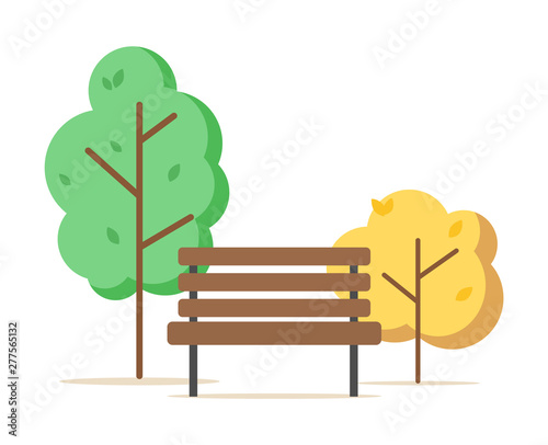 Wooden bench seat vector, isolated trees and bushes of different colors, spring and autumn plants, yellow and green foliage park outdoors flat style
