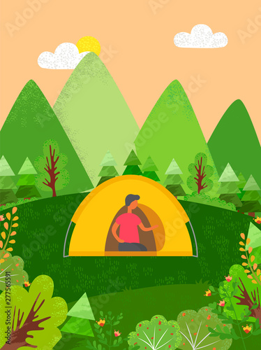 Person on vacation on nature vector, man in tent traveling human surrounded by mountains and trees greenery and bushes, flora and flowers tourism