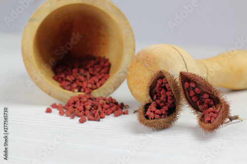 wooden mortar to grind and Annatto tree (Bixa orellana L.) of Thailand medicinal properties of the drug
