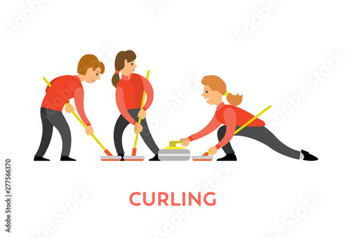 Stampa su tela People playing curling using special bats and stone vector, man and woman opponents isolated