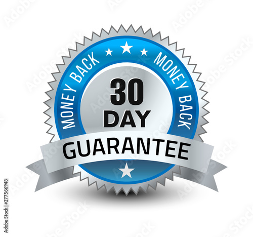 Blue and silver color combined powerful 30 day money back guarantee badge/seal with ribbon.