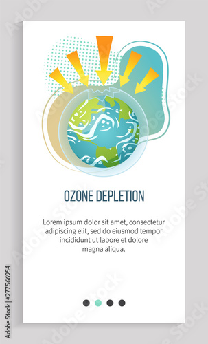 Ozone depletion vector, ecological problems on planet isolated icon, poster with inscription, earth with arrowheads and broken layer issues and danger. Earth day. Slider for ecology app, save planet
