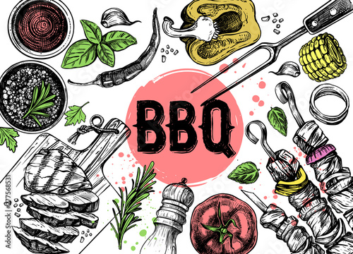 Barbecue grill hand drawn food set on white background